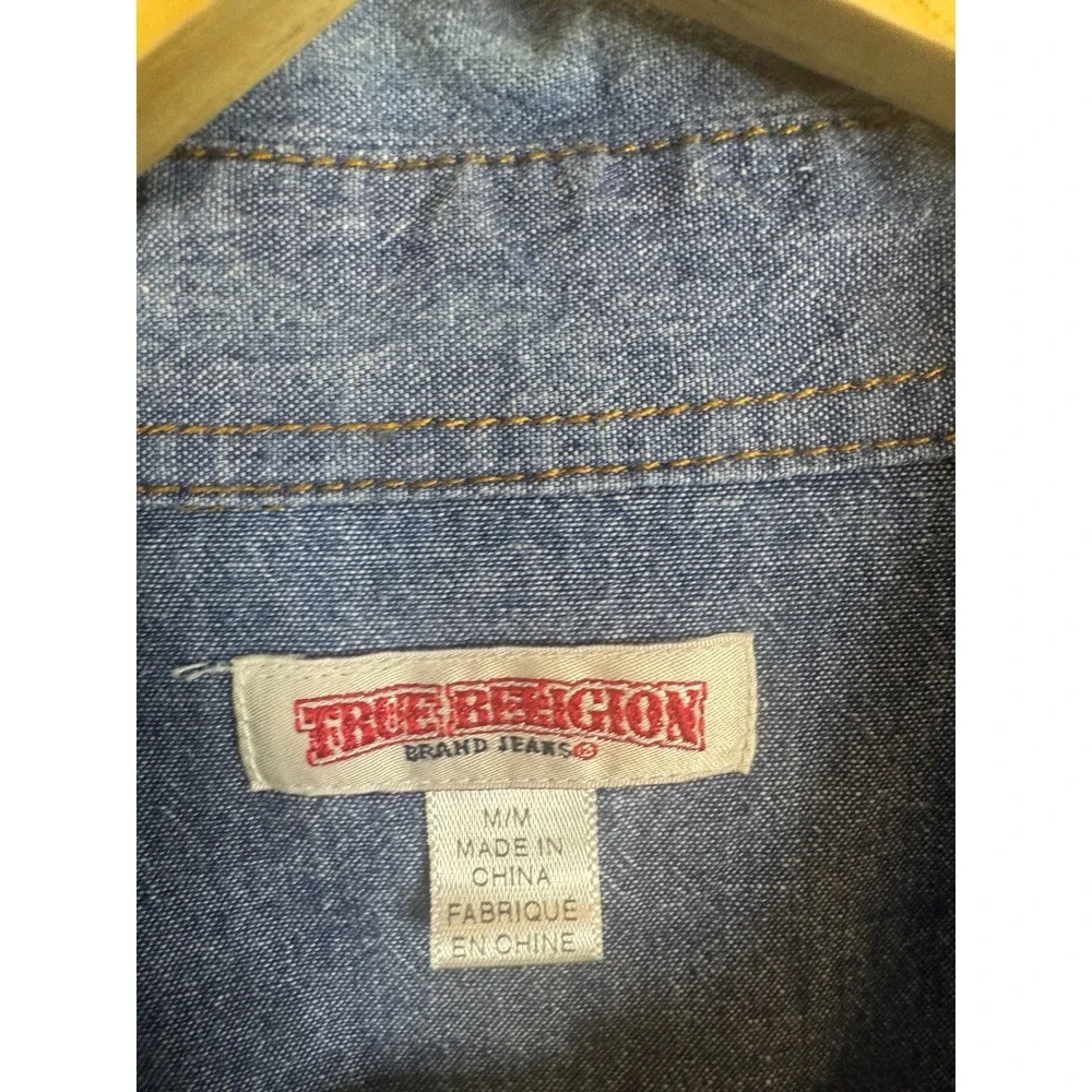 True‎ Religion Mens Two Tone Denim Utility Shirt Blue Colorblock Button Down M
